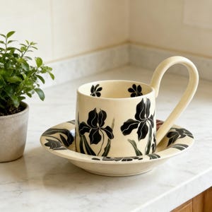 May include: Cream ceramic mug and saucer set, decorated with black iris flower designs. The mug has a large, curved handle. The saucer has a slightly raised edge. The set is on a countertop. A small potted plant is in the background.