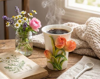 Taza de café de cerámica con relieve floral en forma de tulipán, esculpida a mano (266 ml).