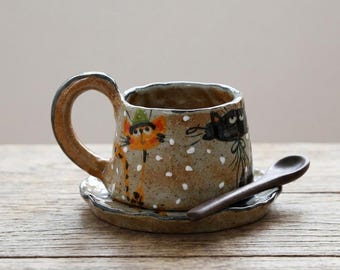 Quirky Cat Mug 3 Piece Coffee Set, Earthy Speckled Pottery Mug with Spoon Set, Hand Built Whimsical Cat Mom Gift, Hygge Aesthetic Cup