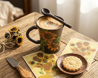 Taza de café con girasol hecha a mano, taza de té de cerámica rústica con cuchara, taza con relieve 3D, regalo vintage para amantes de la jardinería para mamá.
