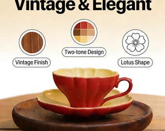 Juego de taza y platillo de té vintage Lotus, cerámica bicolor.