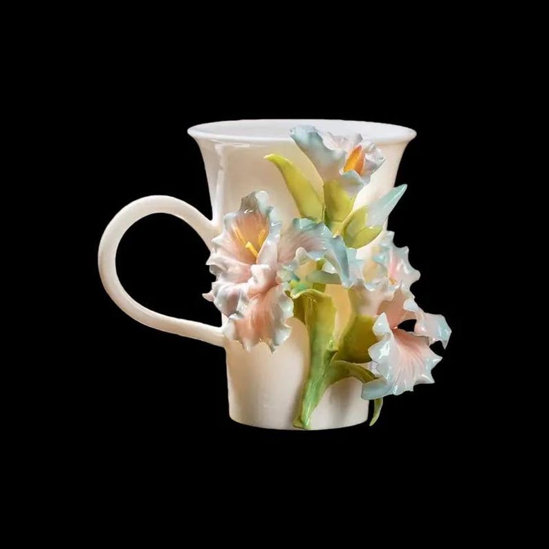 Handmade 3D Iris Floral Ceramic Mug, Porcelain Art Pottery Coffee Cup ...