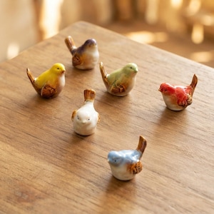 May include: Six small ceramic bird figurines in various colors including yellow, purple, light green, white, red, and blue. Each bird features a glossy finish, a rounded body, a small beak, and detailed wing markings on the sides and tail feathers.