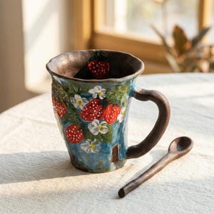 May include: A ceramic mug with a strawberry design and a matching spoon. The mug features a blue background with red strawberries, white flowers, and green leaves. The handle and spoon are brown.