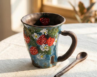Taza de cerámica pintada a mano con diseño de fresa y cuchara, taza de té de cerámica con estampado floral estilo cottagecore.