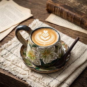May include: A ceramic coffee cup and saucer set with a floral design. The cup is filled with a latte, topped with a leaf design. A small wooden spoon rests on the saucer. The set is on a linen napkin.