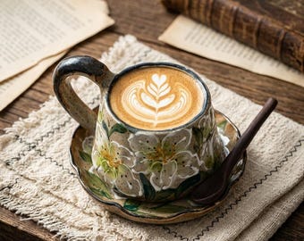 Juego de 3 tazas de café Lily Coffee Mug, taza de cerámica floral con platillo, taza de té botánica hecha a mano, regalo para amantes de la jardinería estilo cottagecore