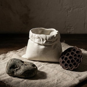 Ceramic Bag Mug, Crumpled Paper Illusion, Wabi Sabi Tea Cup, 400ml Art Decor