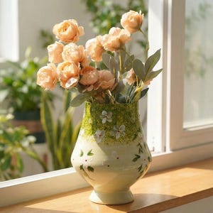 May include: A ceramic vase with a green and white floral design holds a bouquet of peach-colored roses. The vase sits on a wooden windowsill, with natural light illuminating the flowers and vase.