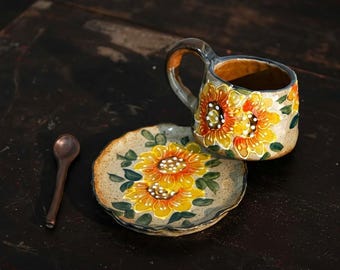 Juego de taza de cerámica con diseño de girasol pintado a mano, taza rústica de 300 ml con platillo y cuchara.