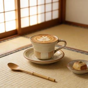Könnte beinhalten: Eine beige Keramik-Kaffeetasse und Untertasse mit einem Latte mit Blattmuster. Ein Holzlöffel und ein kleiner Teller mit Gebäck sind ebenfalls vorhanden. Die Gegenstände befinden sich auf einer gewebten Matte.