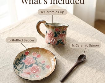 Juego de café de 3 piezas, taza de cerámica pintada a mano con diseño de rosas y cuchara, taza de cerámica con motas naturales y platillo con borde ondulado, estilo cottagecore francés vintage.