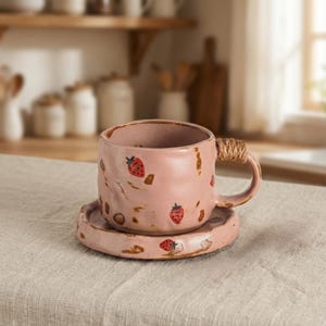 Puede incluir: Un juego de taza y platillo de cerámica rosa. La taza y el platillo están decorados con ilustraciones de fresas rojas. El asa de la taza está envuelta con una fibra natural. El juego está sobre un mantel de lino neutro.