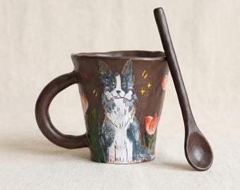 Taza artesanal con diseño de perro, taza con cuchara y diseño de Border Collie, taza rústica de cerámica con retrato de mascota, regalo Hygge para amantes de los Border Collie, taza de té estilo Cottagecore.