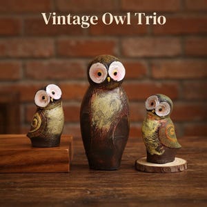 May include: Three owl figurines with textured brown, tan, and yellow finishes. The central owl is the tallest, flanked by two smaller owls with circular wing patterns. The text "Vintage Owl Trio" is displayed at the top of the image.