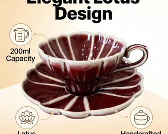 Juego de taza y platillo de cerámica Red Lotus hecho a mano, estilo vintage.