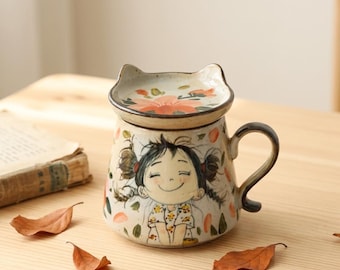 Taza para niña adorable con tapa de orejas de gato, taza de café extragrande y original, taza de cerámica rústica de 500 ml con tapa, regalo original con estética hygge para ella.
