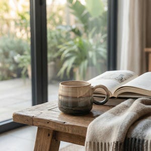 以下が含まれることがあります： 茶色と緑のグラデーションのセラミックマグが、開いた本と折りたたまれた毛布の隣の木製のテーブルの上に置かれています。 マグカップは丸みを帯びた形状と大きなハンドルが付いています。 シーンは屋内で設定されています。