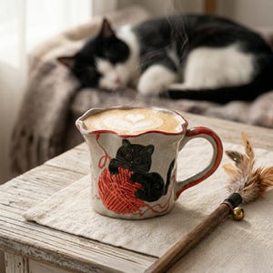 May include: A ceramic mug with a cat and yarn design. The mug has a red rim and handle, and is filled with a latte topped with a heart design. A cat toy with feathers and a bell is in the foreground.
