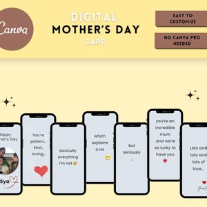May include: Digital Mother's Day card design with the Canva logo. The design includes several smartphone mockups displaying messages like "Happy Mother's Day" and "Lots and lots of love." The design also includes text that says "Easy to Customize" and "No Canva Pro Needed."