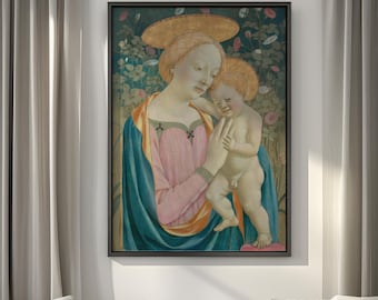 Madonna and Child Renaissance Art Print – Golden Halo, Floral Decor (Digital Download)