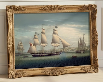 Lámina artística de un velero del siglo XIX: decoración de pared marítima clásica (descarga digital)