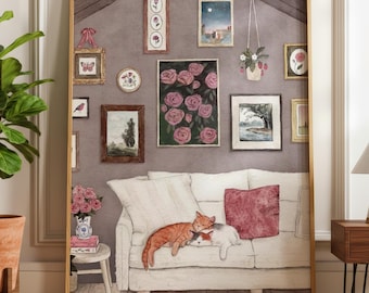 Lámina artística vintage de gatos acogedores: ilustración de un hogar caprichoso (descarga digital)
