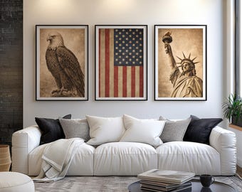 Vintage Amerikanisches Vaterländisches Wand Kunst Set - Weißkopfseeadler, Flagge, Freiheit (Digitaler Download)