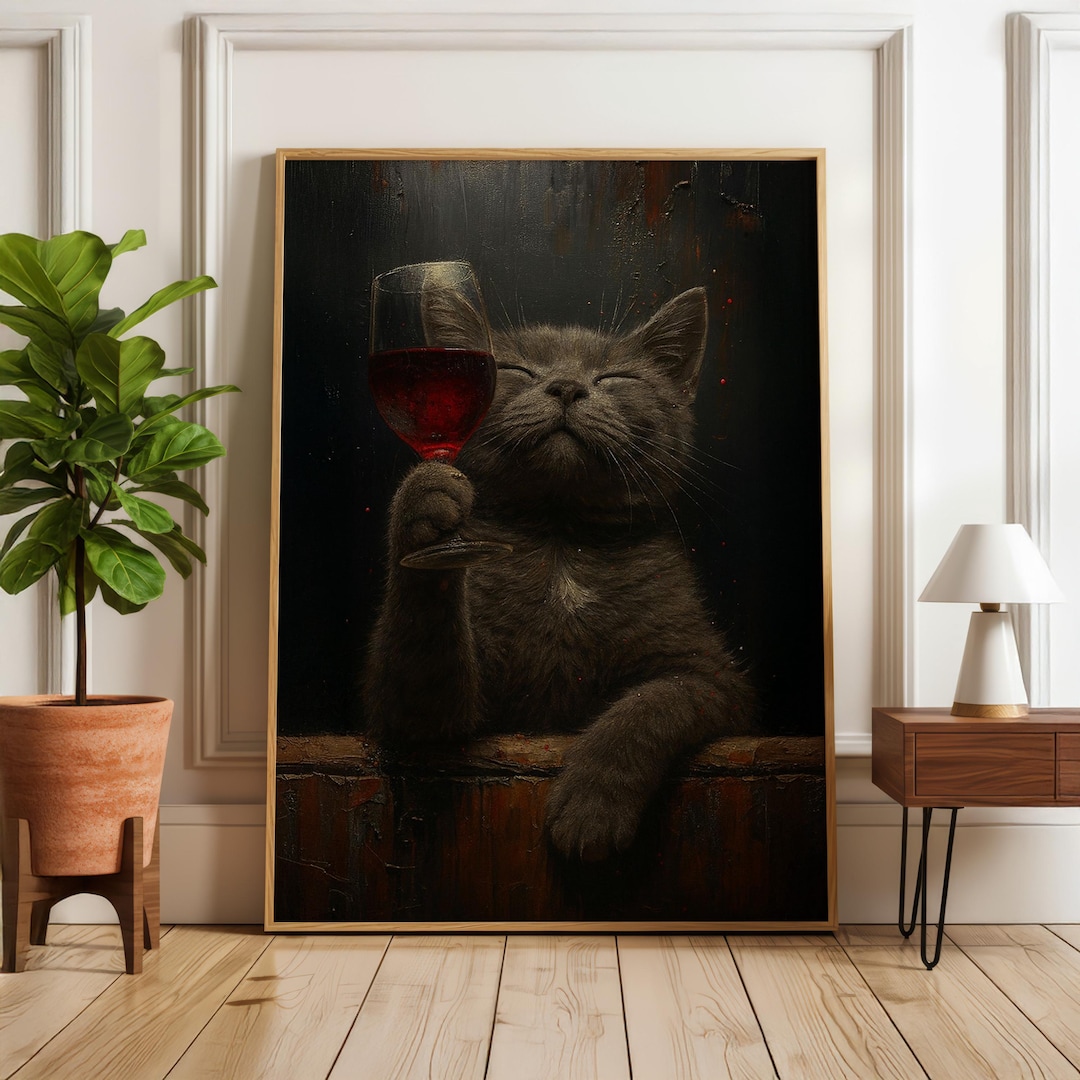 Funny Cat With Wine Art Print – Sarcastic Home Office Decor (digital ...