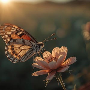 Può includere: Una farfalla con ali arancioni, marroni e bianche è posata su un fiore rosa chiaro. L'immagine è ambientata su uno sfondo sfocato di fogliame verde e un luminoso tramonto dorato.