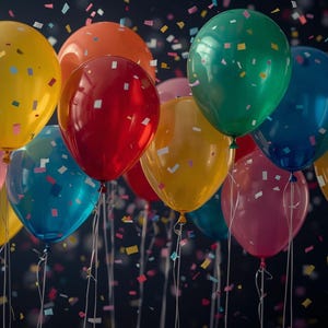 Può includere: Un gruppo di palloncini colorati, gialli, rossi, rosa, arancioni, verdi e blu, con coriandoli sullo sfondo. I palloncini sono legati con fili bianchi, creando un'atmosfera festosa.