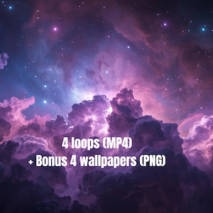 May include: Digital art featuring a vibrant nebula with swirling purple and pink clouds, and a starry sky. The image includes the text "4 loops (MP4) + Bonus 4 wallpapers (PNG)".