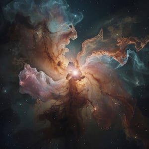 May include: A vibrant image of a nebula in space, showcasing swirling clouds of color. The nebula features shades of orange, pink, and blue, with a bright central light source and scattered stars in the dark background.