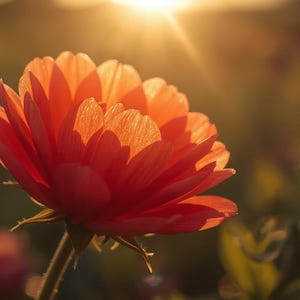 Könnte beinhalten: Nahaufnahme einer leuchtend orangefarbenen Blüte in voller Blüte, beleuchtet vom warmen Schein der Sonne. Die Blütenblätter sind geschichtet und strukturiert, mit einem dunkelgrünen Stiel. Der Hintergrund ist unscharf.