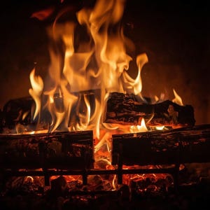 Puede incluir: Primer plano de una chimenea con leños ardiendo. Brillantes llamas naranjas y amarillas se elevan de la madera, con brasas incandescentes debajo. La escena se desarrolla en un ambiente oscuro y acogedor, creando una atmósfera cálida.
