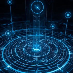 May include: A digital image of a glowing blue circular design with concentric rings and lines, reminiscent of a technological interface or a futuristic clock. The image has a dark background with additional glowing blue elements.