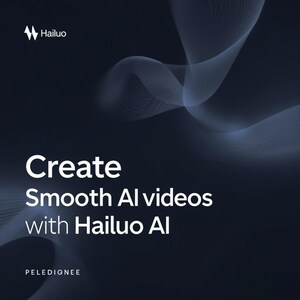 May include: Dark blue graphic with the Hailuo logo and the text "Create Smooth AI videos with Hailuo AI." White, flowing lines create a dynamic background. The word "PELEDIGNEE" is at the bottom.