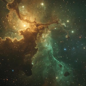 Puede incluir: Imagen de arte digital de una nebulosa en el espacio. La imagen presenta nubes arremolinadas de gas y polvo en tonos dorados, verdes y marrones, con numerosas estrellas brillantes dispersas por toda la escena. El efecto general es una representación vibrante y dinámica de un paisaje cósmico.