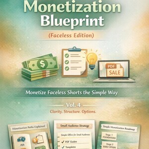 May include: A book cover titled "AI Shorts Monetization Blueprint (Faceless Edition)" with illustrations of money, a checklist, a lightbulb, and a laptop. The cover also includes smaller images detailing monetization paths, audience strategies, and a roadmap.