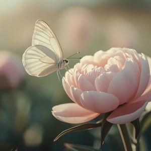 Könnte beinhalten: Ein weißer Schmetterling sitzt auf einer zartrosa Pfingstrose in einem sonnigen Garten. Die Blütenblätter der Blume sind sanft geschwungen, und der Hintergrund ist verschwommen, was eine ruhige, natürliche Szene erzeugt.