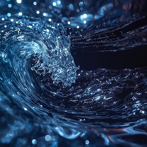 Puede incluir: Imagen de arte digital de una ola en tonos azules y negros. La ola está iluminada con partículas brillantes, creando un efecto dinámico y etéreo. El agua parece estar en movimiento, con una sensación de profundidad y textura.