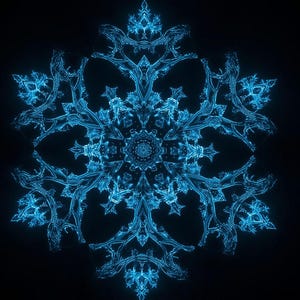 May include: A detailed, symmetrical snowflake design in shades of blue against a black background. The snowflake has intricate, icy patterns radiating from a central point. The image evokes a winter or holiday theme.