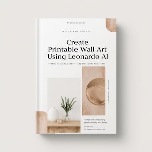 May include: A white book titled "Create Printable Wall Art Using Leonardo AI" with text in black. The book features a beige and white design with a vase, greenery, and a wooden bowl. The book is a premium guide.
