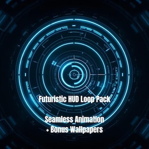 May include: A digital graphic of a futuristic HUD loop pack with a seamless animation and bonus wallpapers. The design features concentric circles and lines in a bright blue color against a dark blue background.