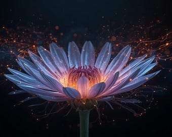 May include: A digitally enhanced image of a lotus flower with translucent blue petals and a vibrant orange center. The flower is set against a dark background, with glowing orange lines and particles emanating from it, creating a mystical effect.