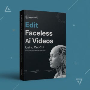 May include: A black book titled "Edit Faceless AI Videos Using CapCut." The cover features a grayscale image of a robotic human head and the text "Premium Guide." The book's spine displays the text "Eaplit GSSN7."