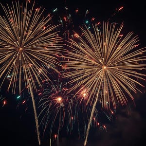 Può includere: Immagine notturna di fuochi d'artificio che esplodono nel cielo. I fuochi d'artificio sono di colore giallo dorato con accenti rossi, verdi e blu. Esplodono in un motivo a stella su uno sfondo nero.