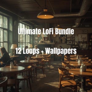 Puede incluir: Interior de un café con mesas y sillas de madera redondas. La imagen muestra el texto "Ultimate LoFi Bundle" y "12 Loops + Wallpapers". Hay personas sentadas en las mesas, algunas usando laptops. El café tiene grandes ventanas.