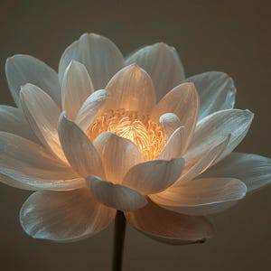 May include: A close-up of a white lotus flower with delicate petals. The center of the flower glows with a warm, golden light. The flower is set against a soft, brown background.