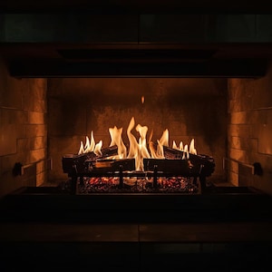 May include: A fireplace with a burning fire. The flames are a vibrant orange and yellow, with logs ablaze. The fireplace is constructed from stone and has a dark interior. The scene evokes warmth and comfort.